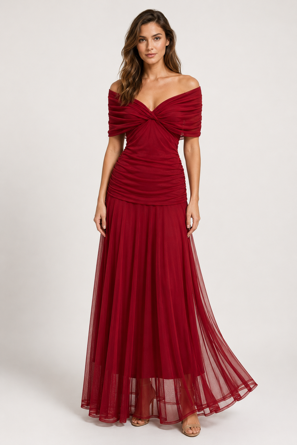 VESTIDO LARGO ROJO VINO CON ESCOTE BARDOT