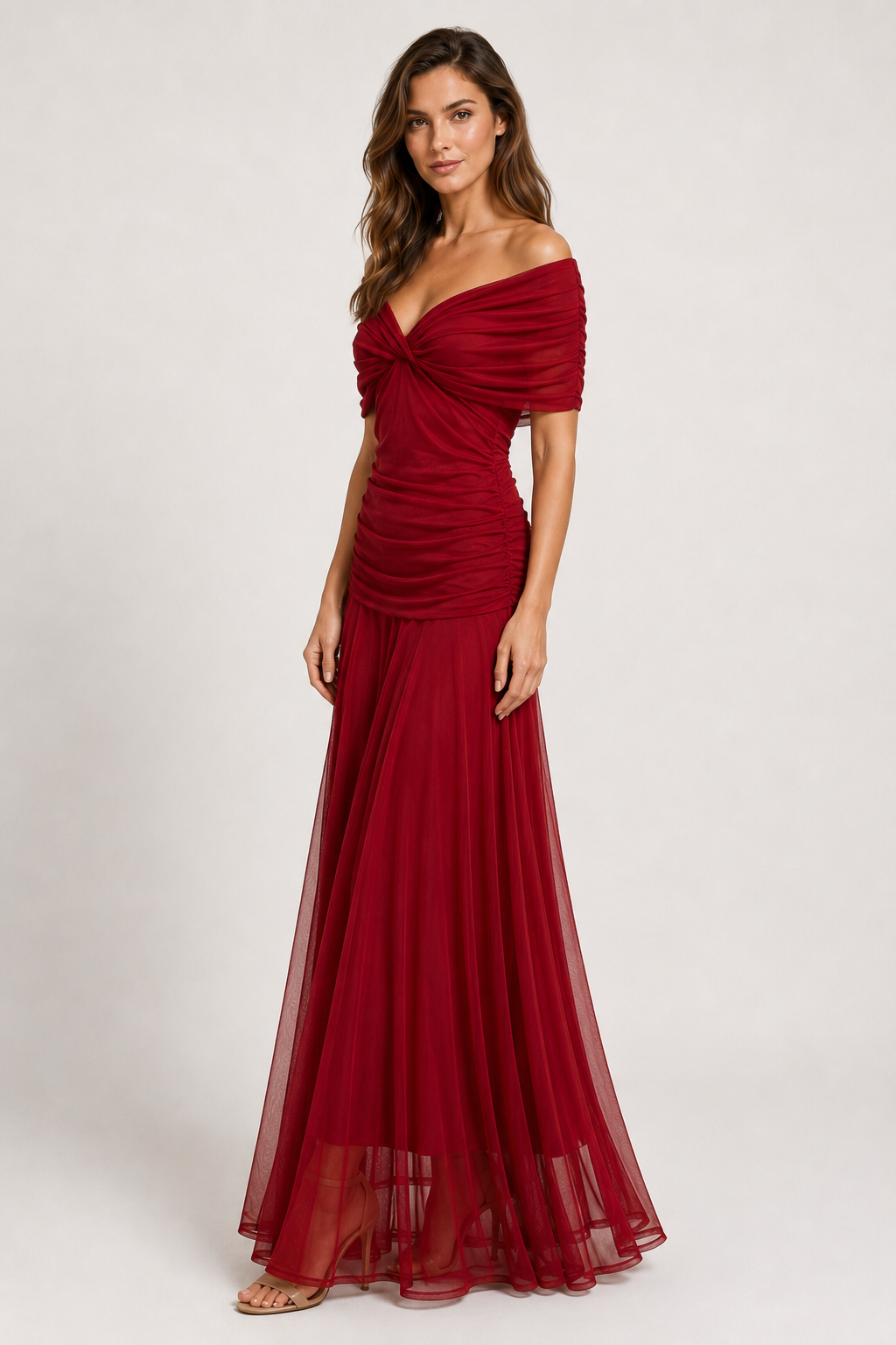 VESTIDO LARGO ROJO VINO CON ESCOTE BARDOT