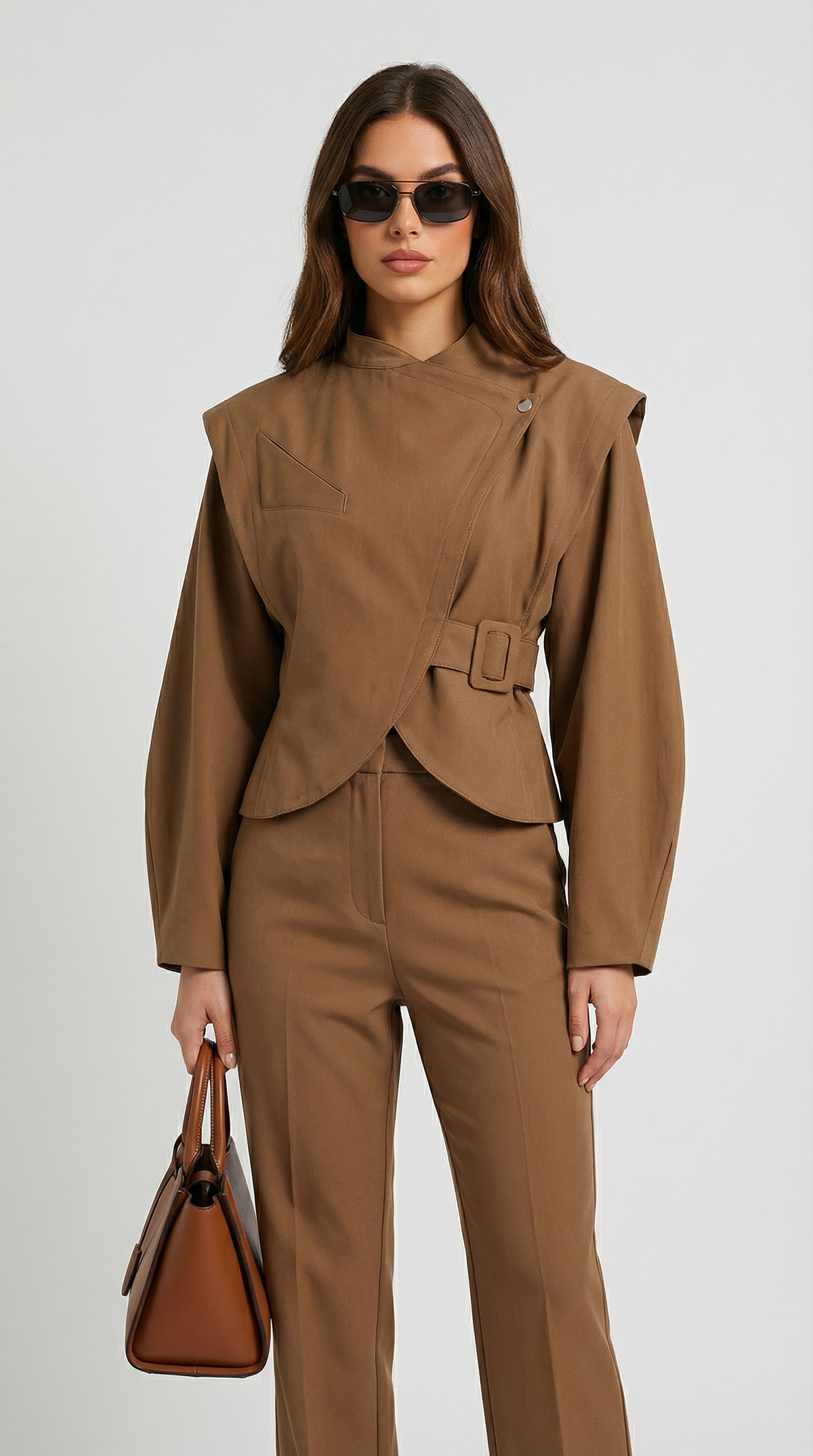 CHAQUETA CRUZADA CON HEBILLA MARRON