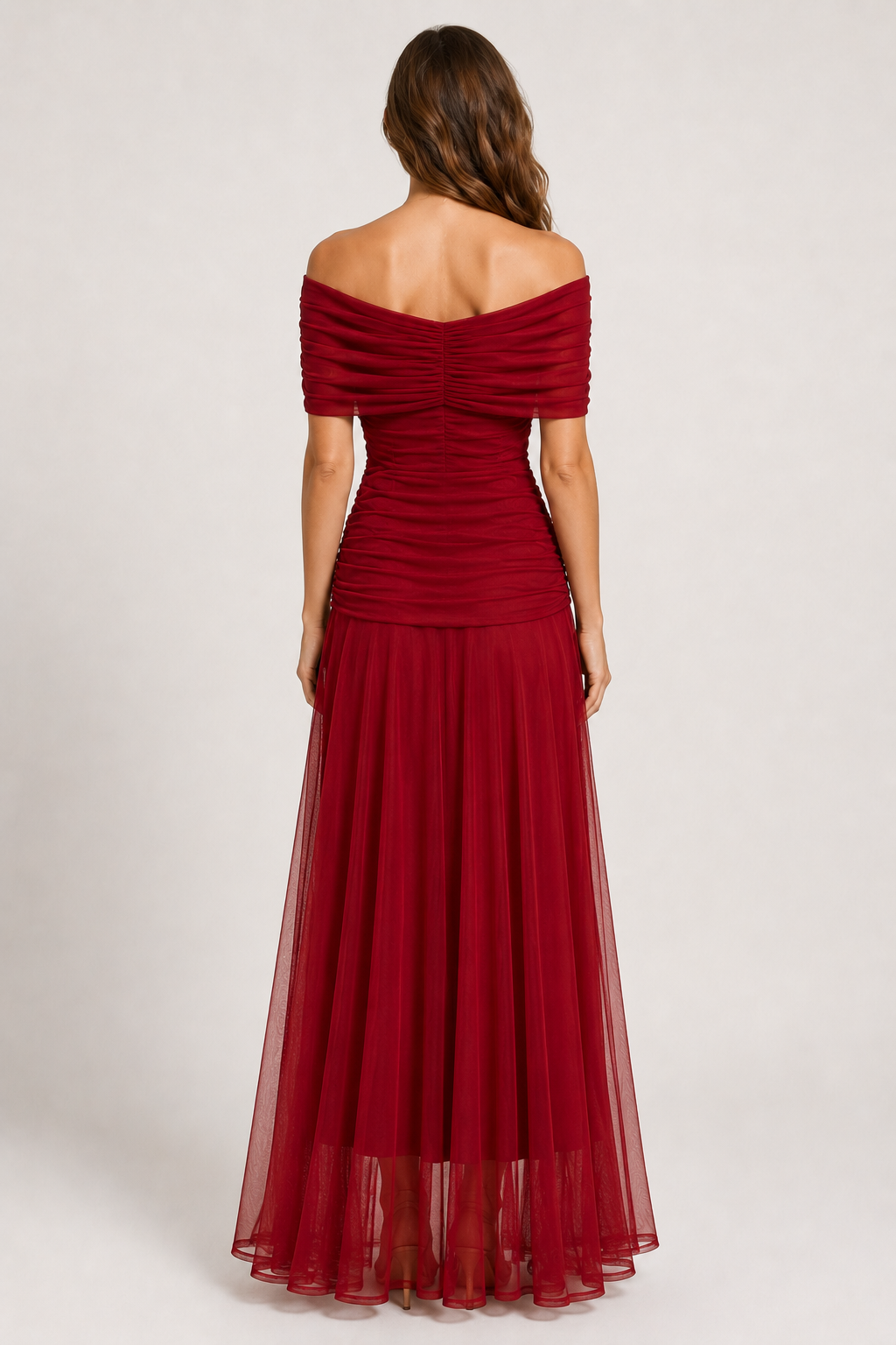 VESTIDO LARGO ROJO VINO CON ESCOTE BARDOT