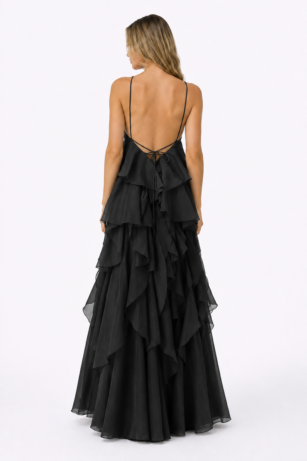 VESTIDO LARGO AZUL CON CUELLO HALTER Y VOLANTES
