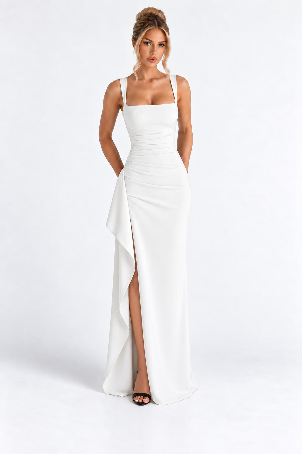 VESTIDO LARGO DRAPEADO CON ABERTURA