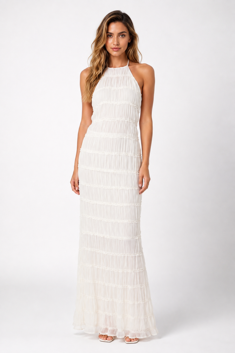 VESTIDO LARGO BLANCO CON CUELLO HALTER