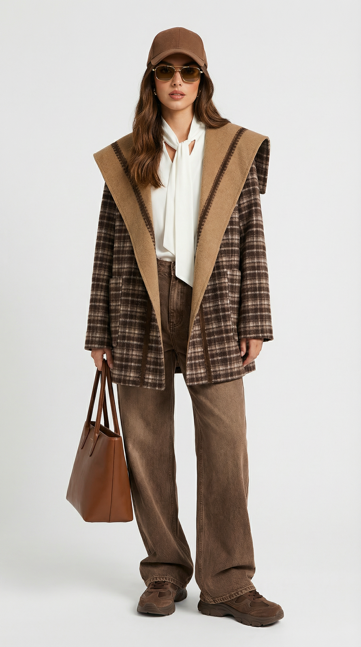 CHAQUETA CON CUELLO DE CUADROS Y CINTURÓN