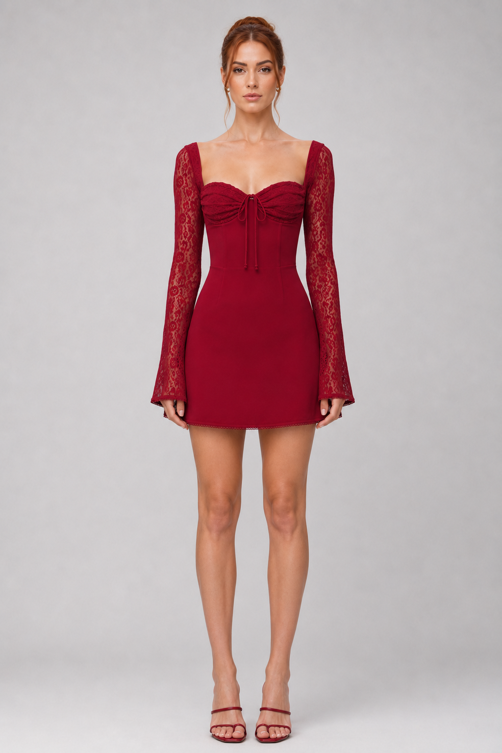 VESTIDO MINI DE GASA CON MANGAS DE ENCAJE ROJO