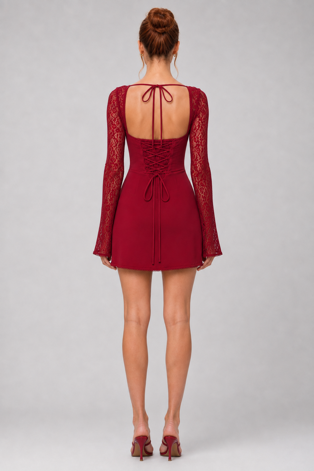 VESTIDO MINI DE GASA CON MANGAS DE ENCAJE ROJO