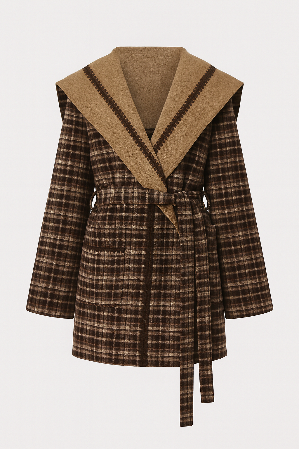 CHAQUETA CON CUELLO DE CUADROS Y CINTURÓN