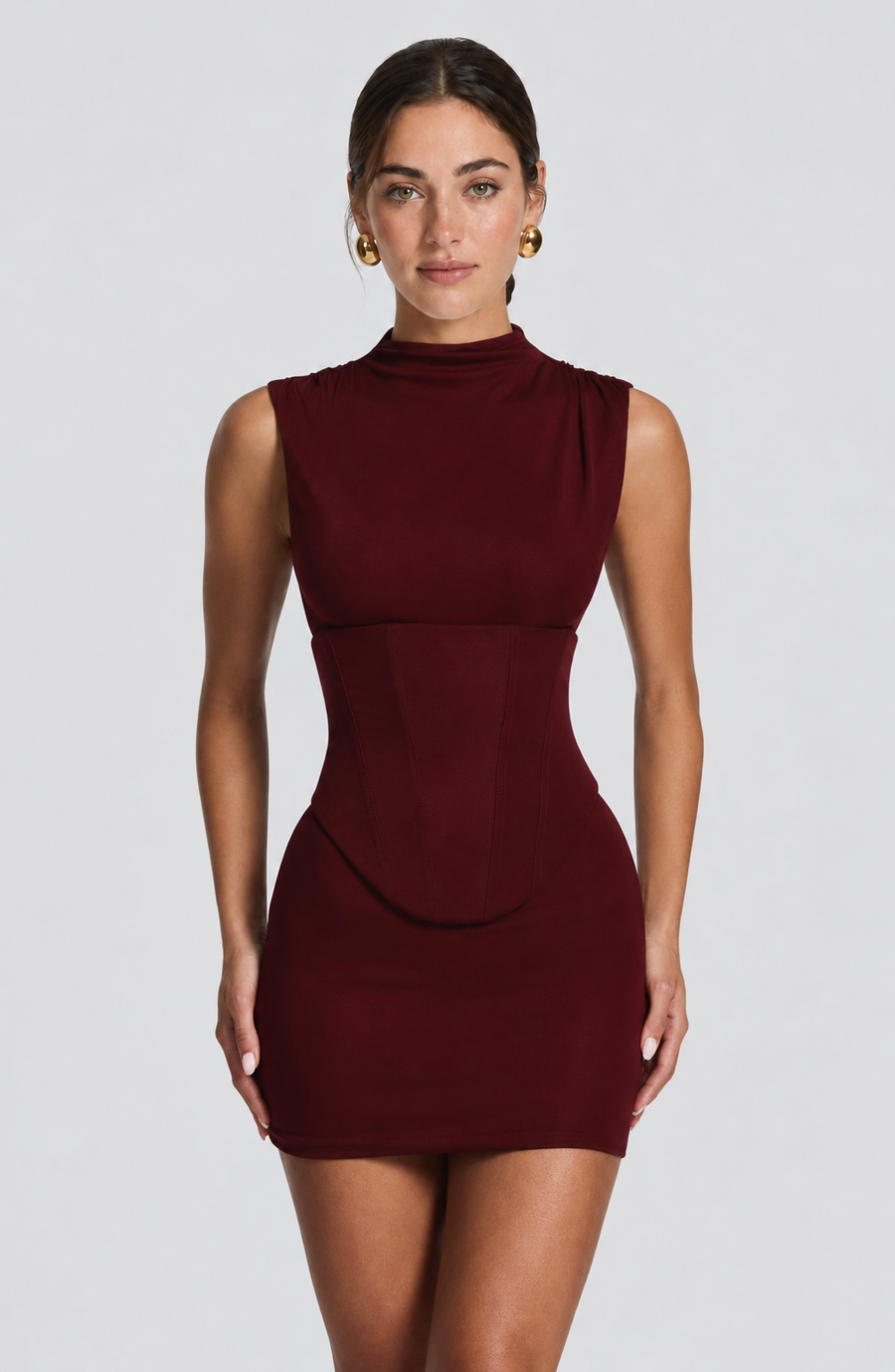 VESTIDO CORTO DE PUNTO CON CORSE CEREZA