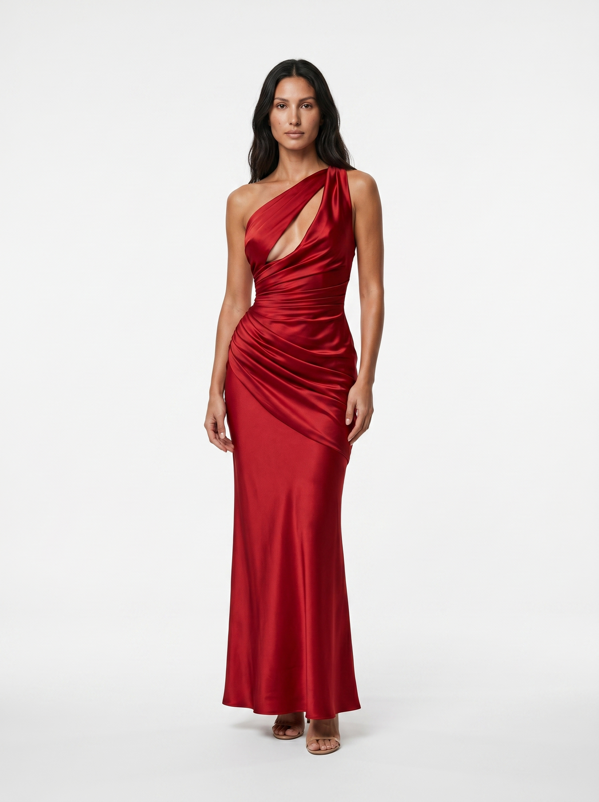 VESTIDO DRAPEADO DE SATEN ROJO VINO