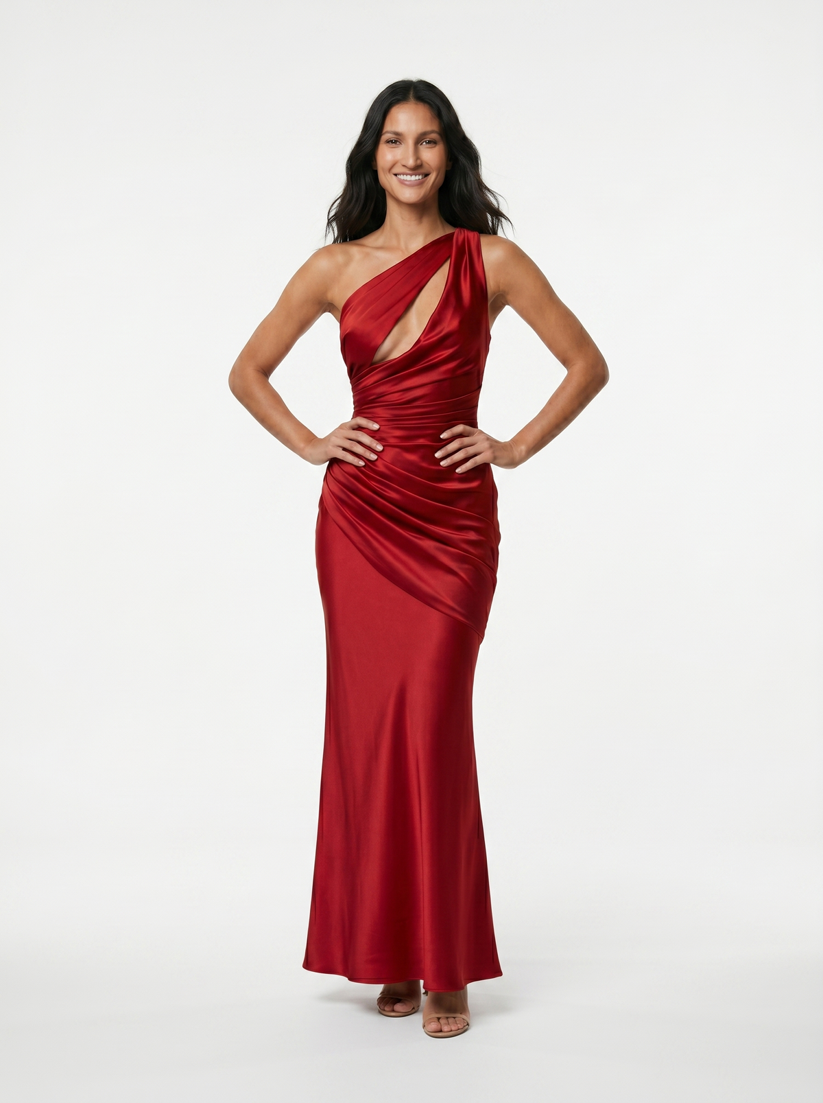VESTIDO DRAPEADO DE SATEN ROJO VINO