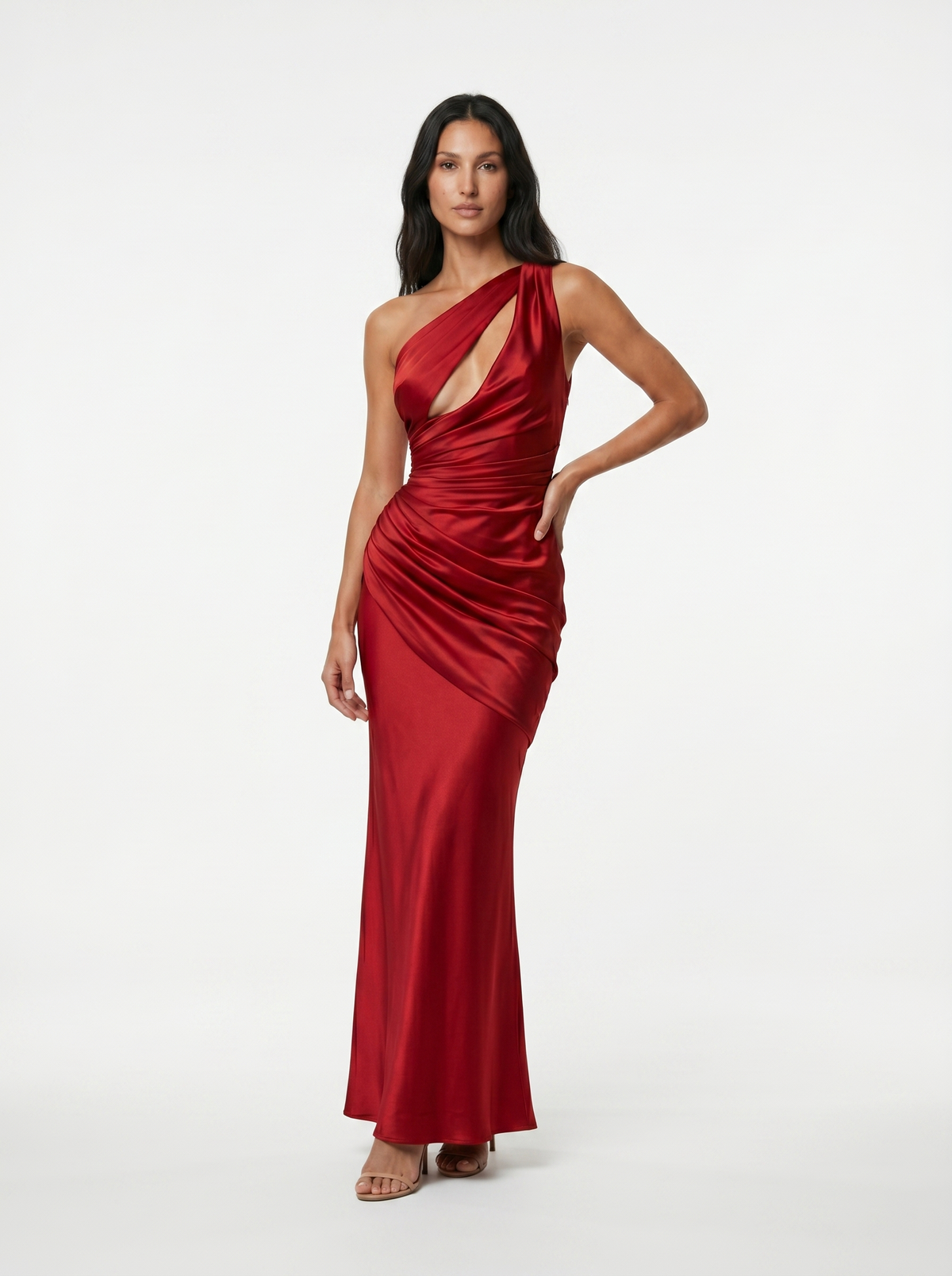 VESTIDO DRAPEADO DE SATEN ROJO VINO