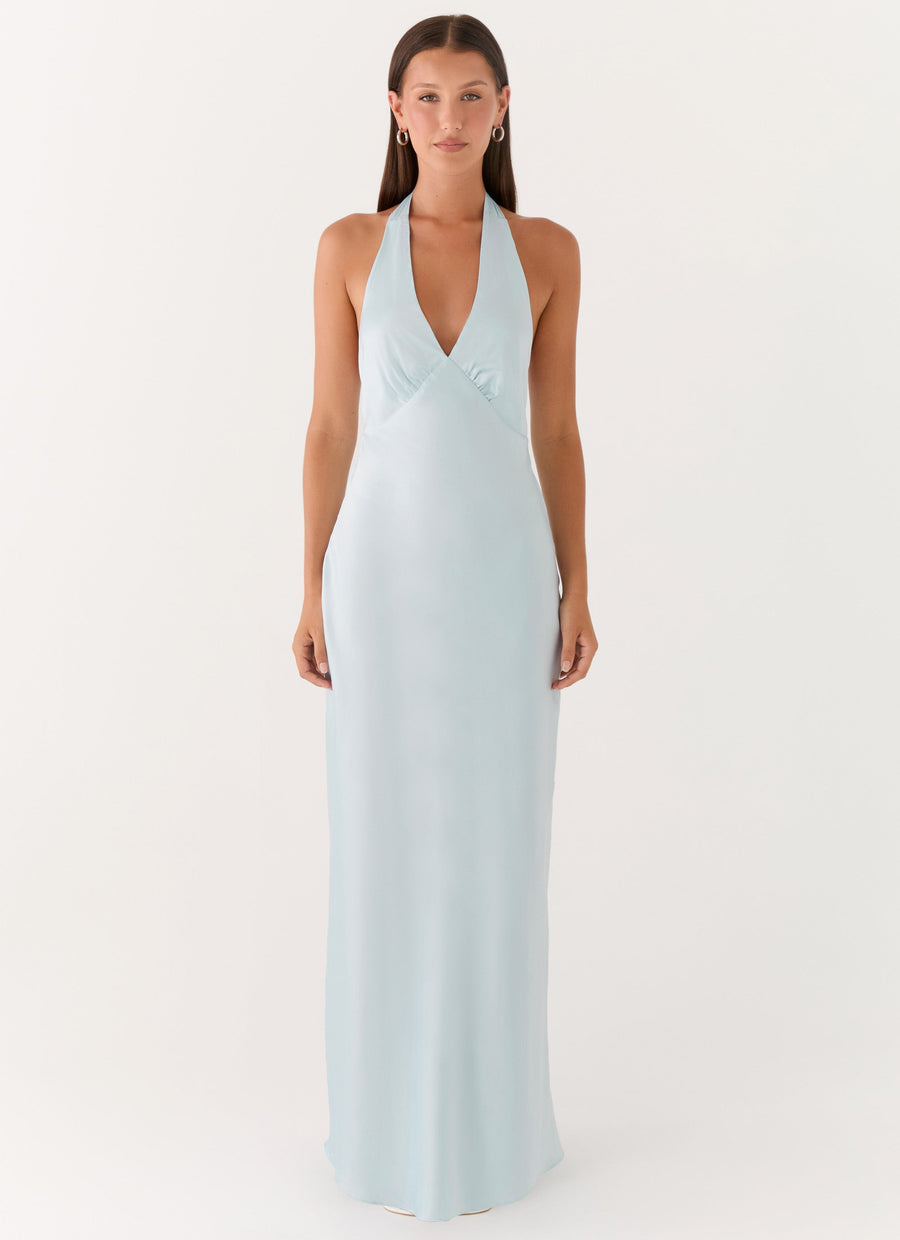 Vestido largo de satén en azul claro