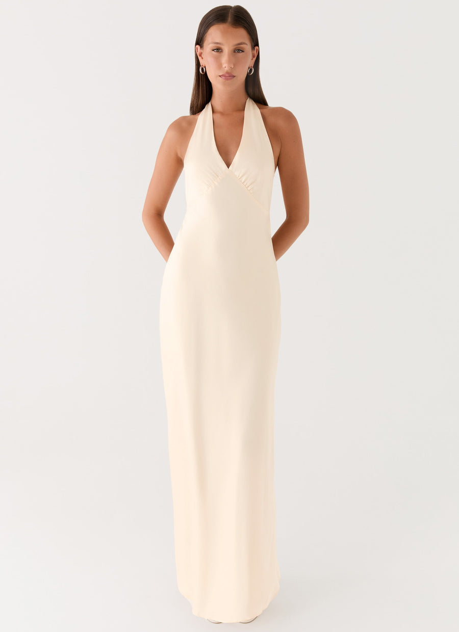 Vestido largo de satén en beige