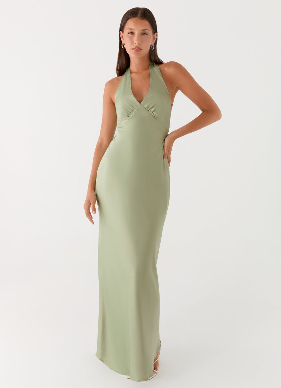 Vestido largo de satén en verde oliva