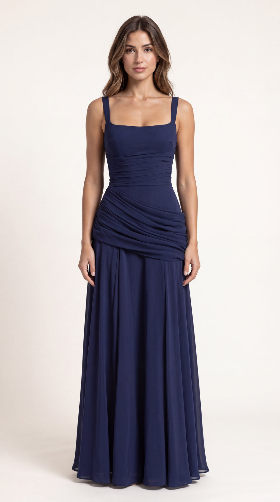 VESTIDO LARGO FRUNCIDO AZUL MARINO