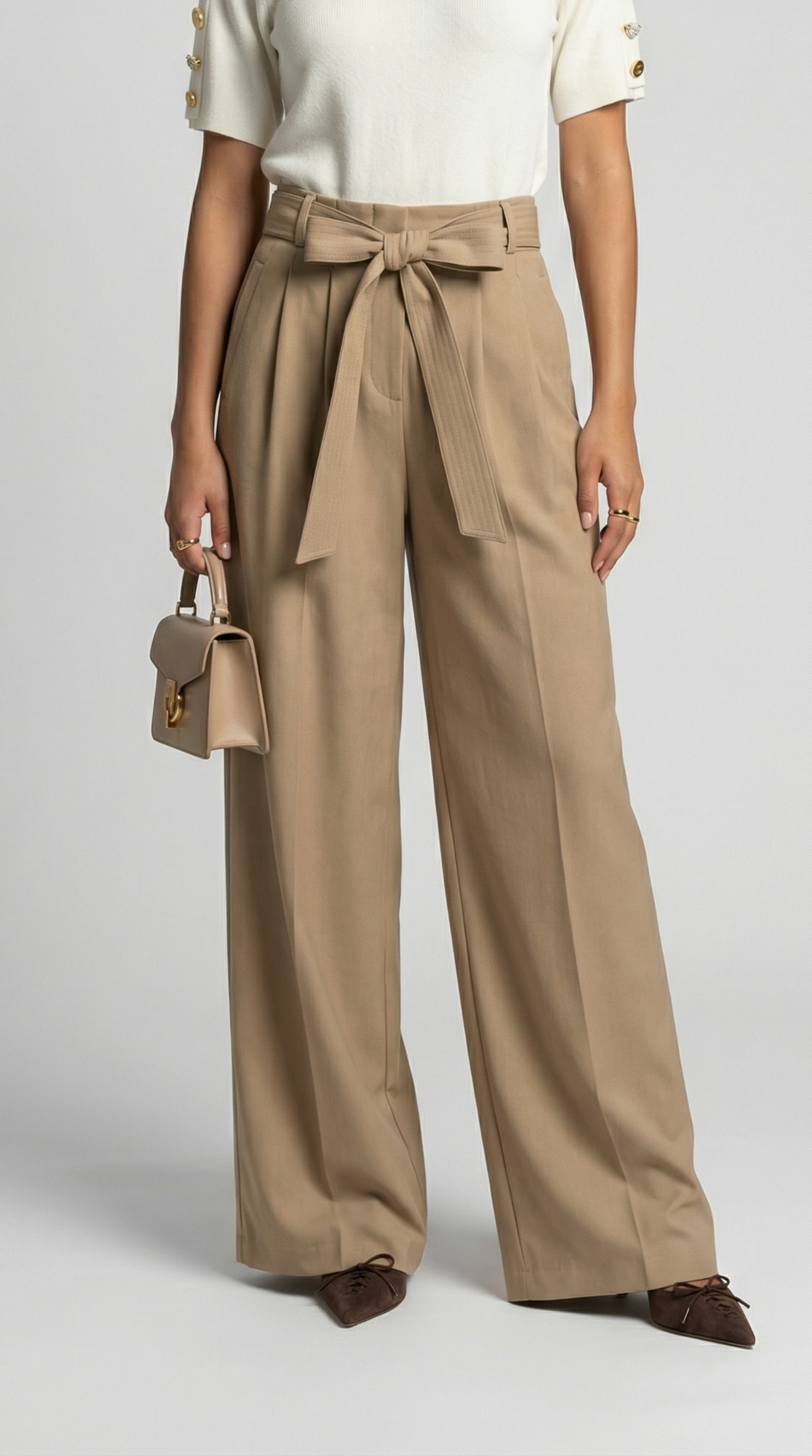 PANTALON ANCHO PLISADO CON LAZADA BEIGE
