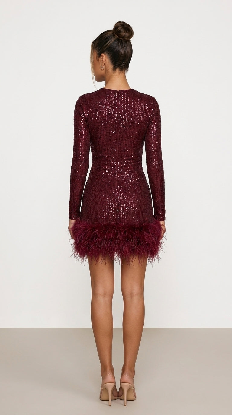 VESTIDO MINI DE LENTEJUELAS CON PLUMAS