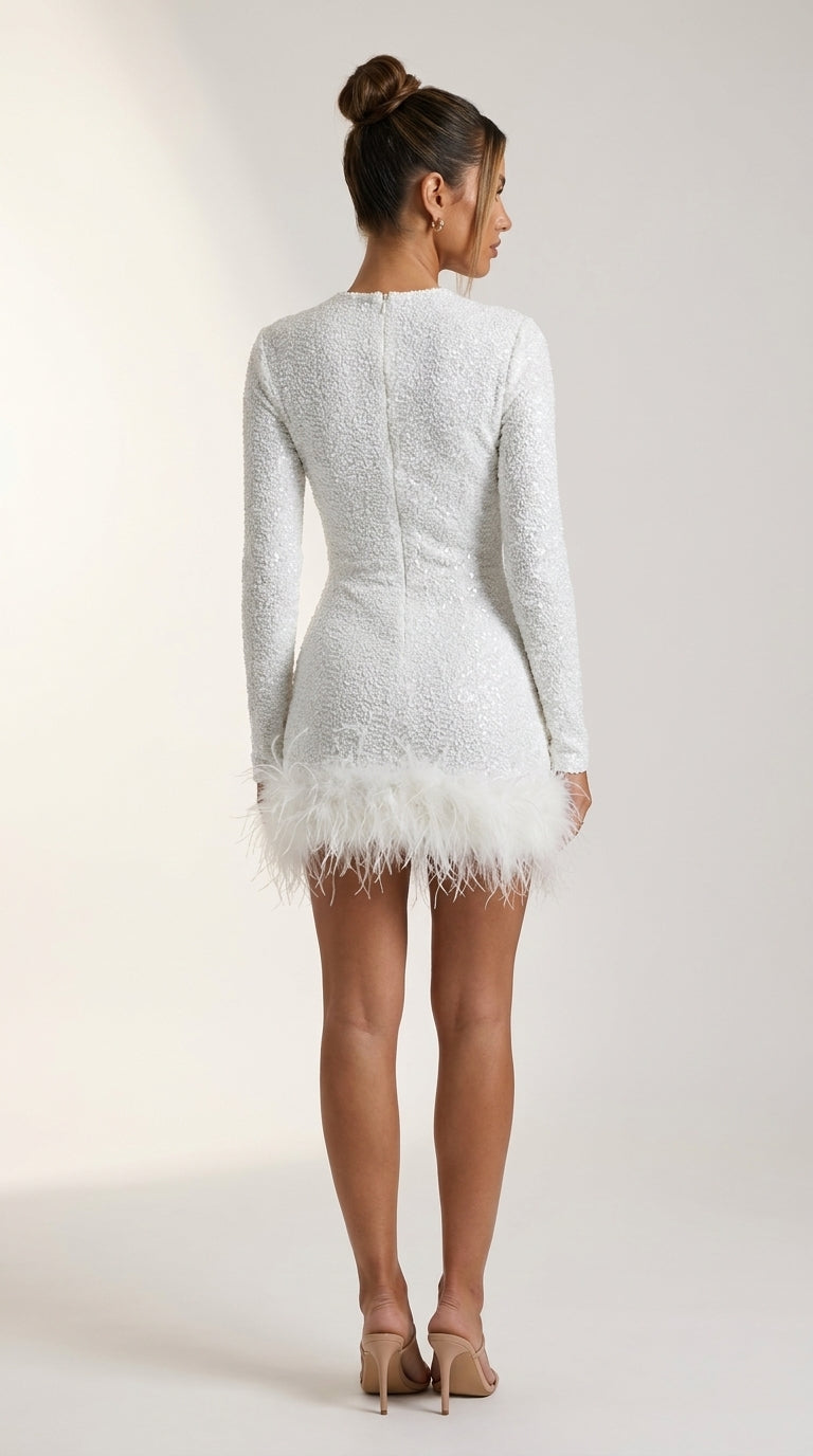 VESTIDO MINI DE LENTEJUELAS CON PLUMAS