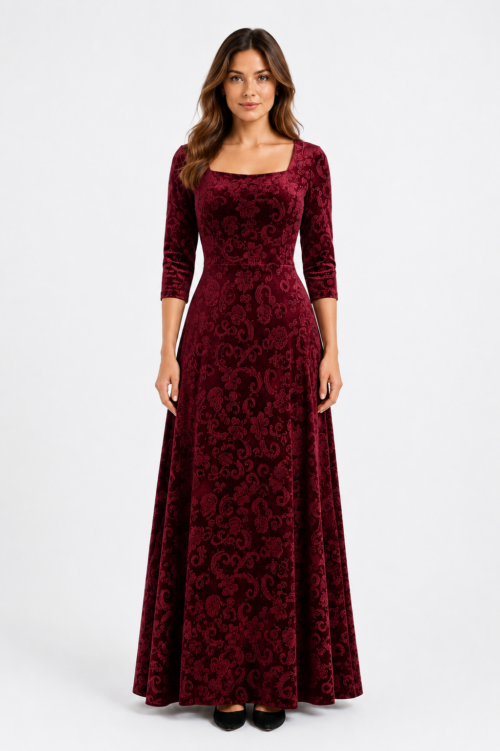 VESTIDO MAXI FLORAL CON CUELLO CUADRADO ROJO