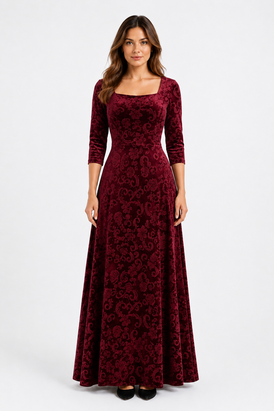 VESTIDO MAXI FLORAL CON CUELLO CUADRADO ROJO
