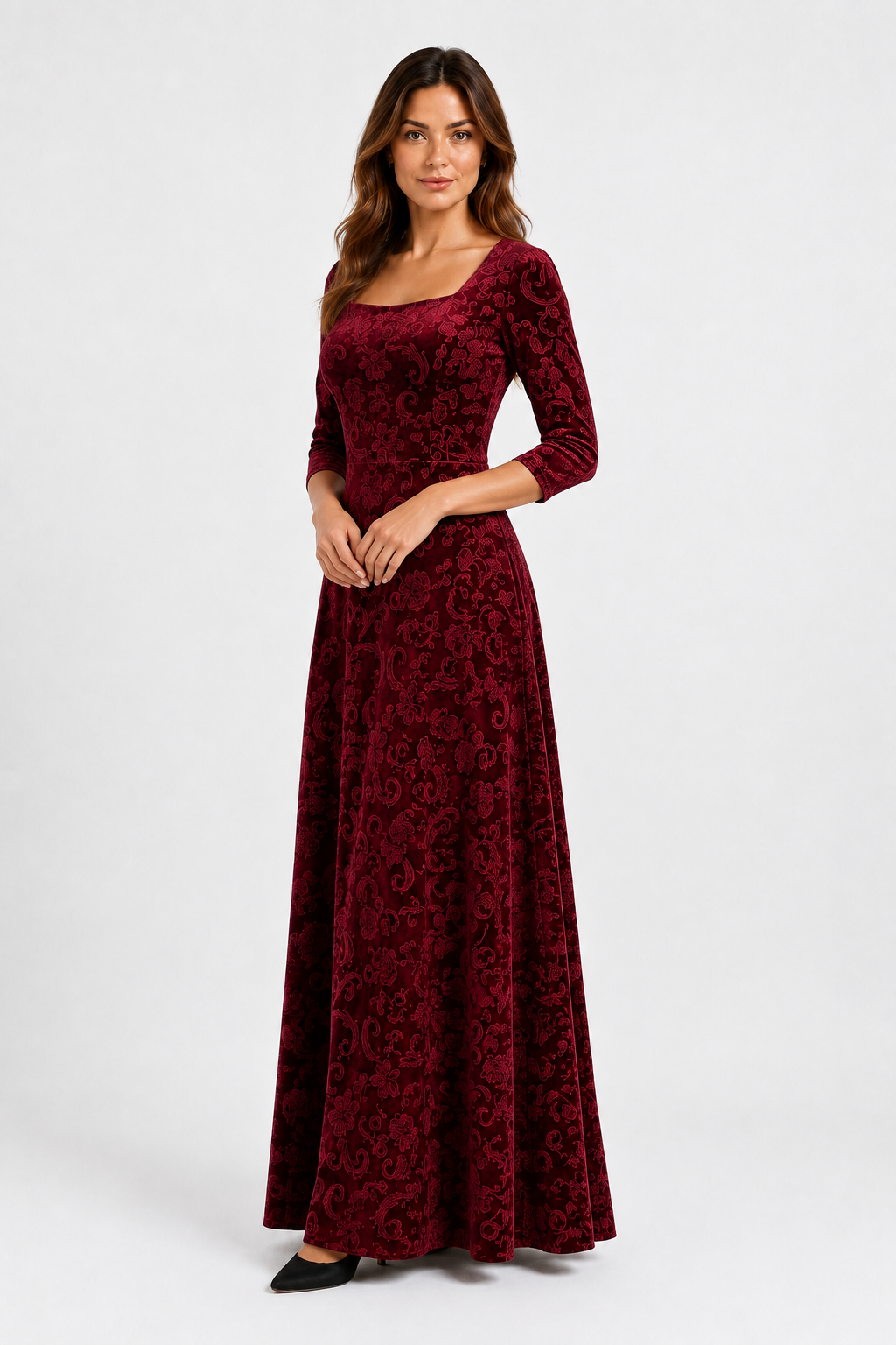VESTIDO MAXI FLORAL CON CUELLO CUADRADO ROJO