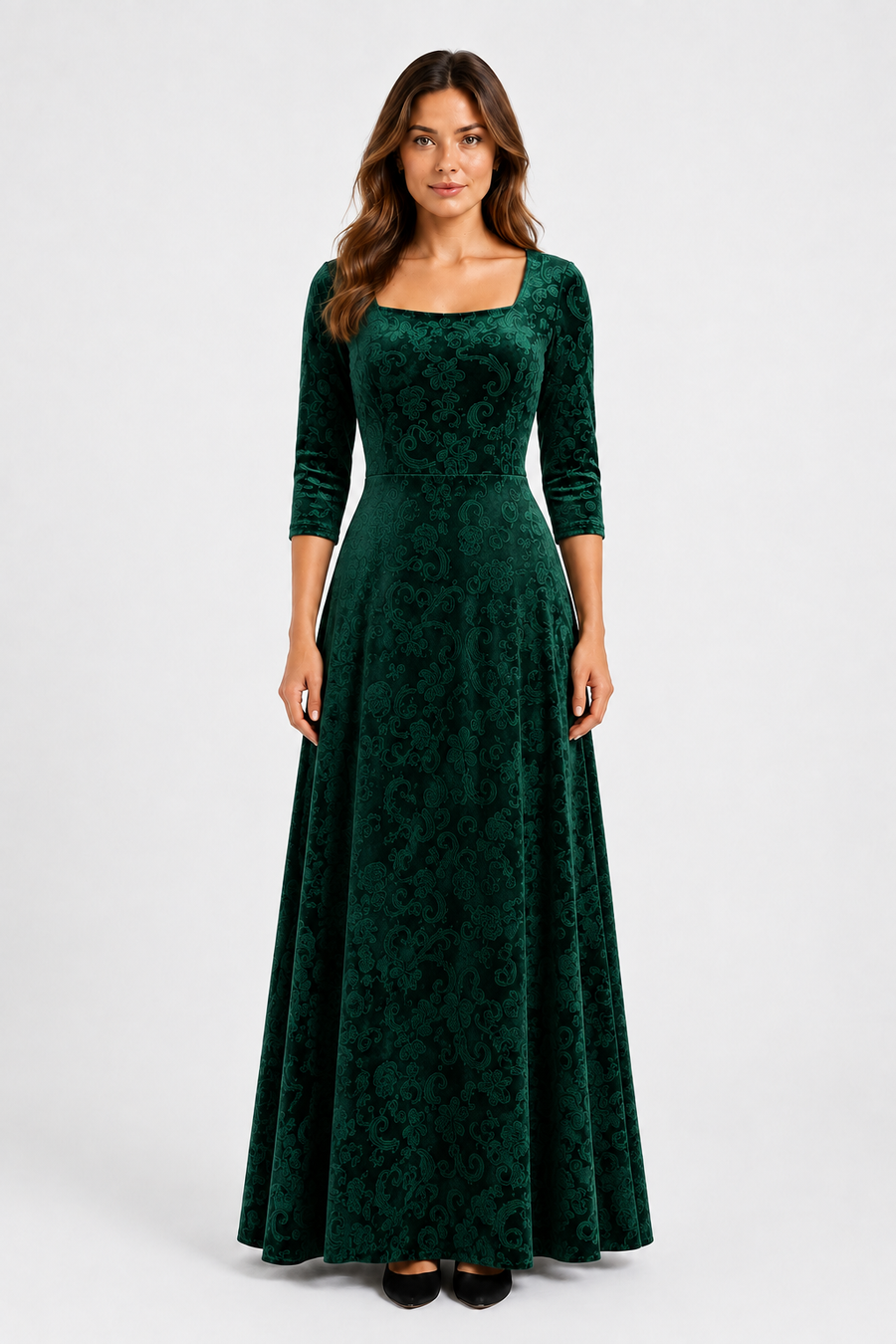 VESTIDO MAXI FLORAL CON CUELLO CUADRADO VERDE