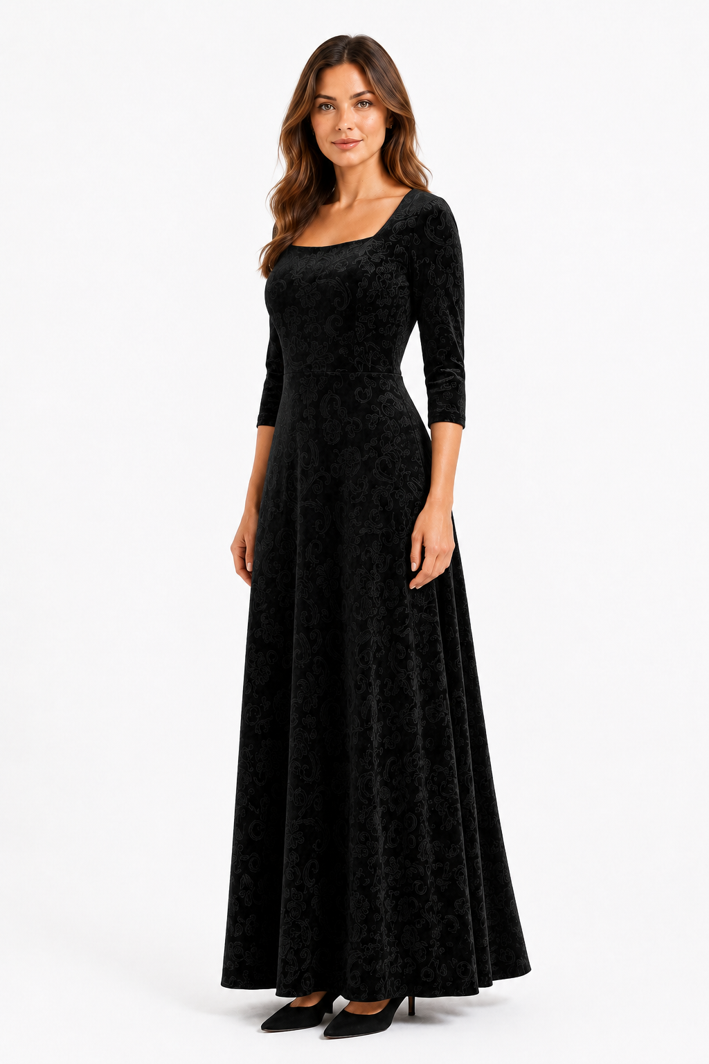 VESTIDO MAXI FLORAL CON CUELLO CUADRADO NEGRO