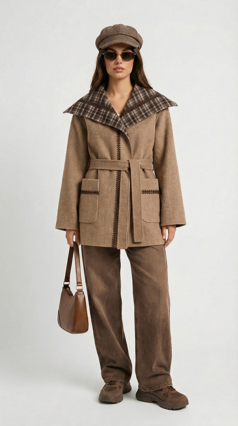 CHAQUETA CON CUELLO DE CUADROS Y CINTURÓN