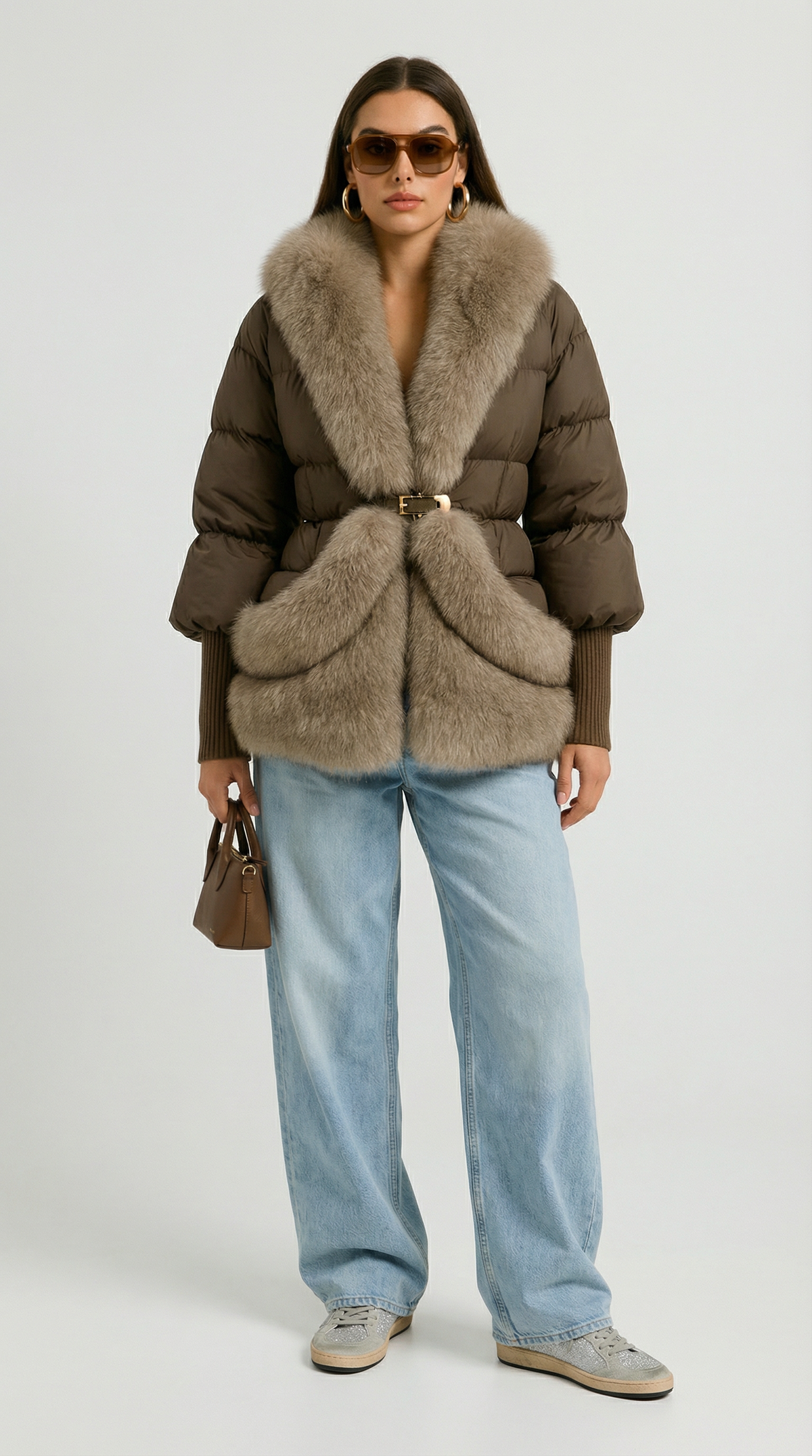 CHAQUETA ACOLCHADA CON PELO Y CINTURÓN