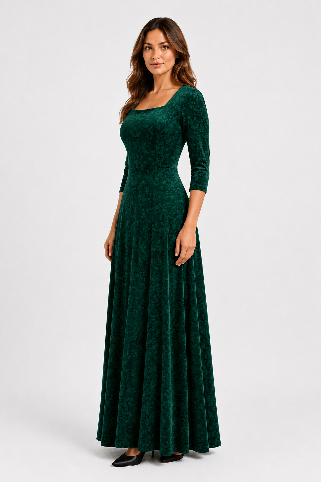 VESTIDO MAXI FLORAL CON CUELLO CUADRADO VERDE