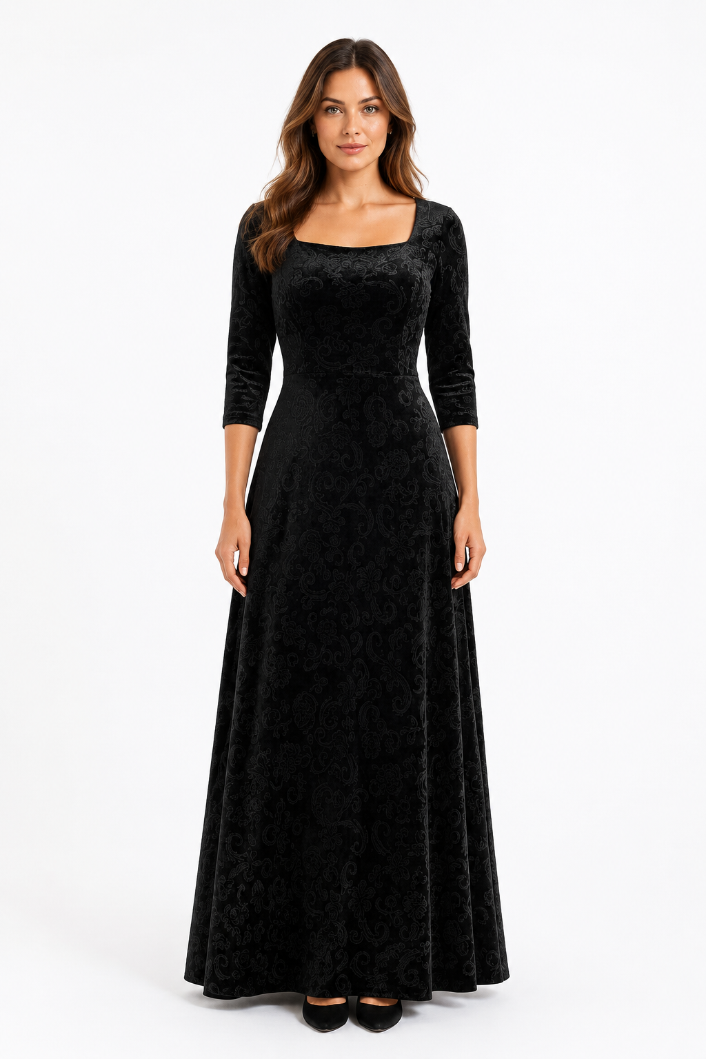 VESTIDO MAXI FLORAL CON CUELLO CUADRADO NEGRO