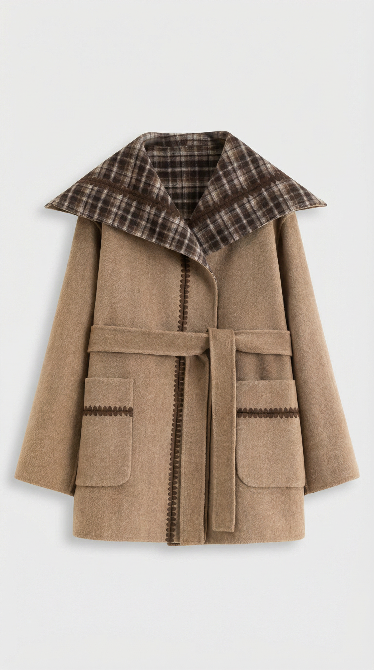 CHAQUETA CON CUELLO DE CUADROS Y CINTURÓN