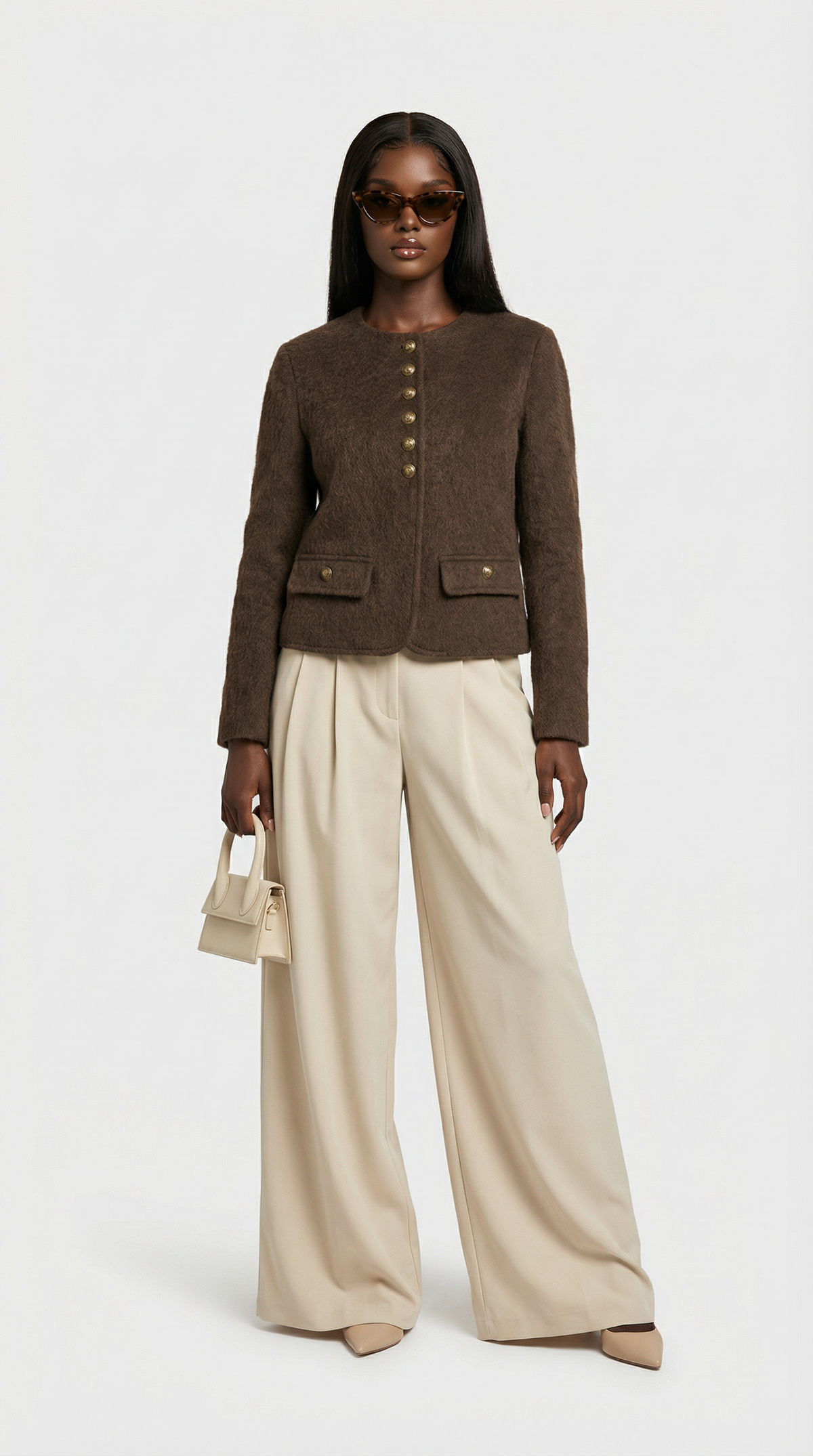 CHAQUETA CORTA DE LANA Y CACHEMIR MARRON