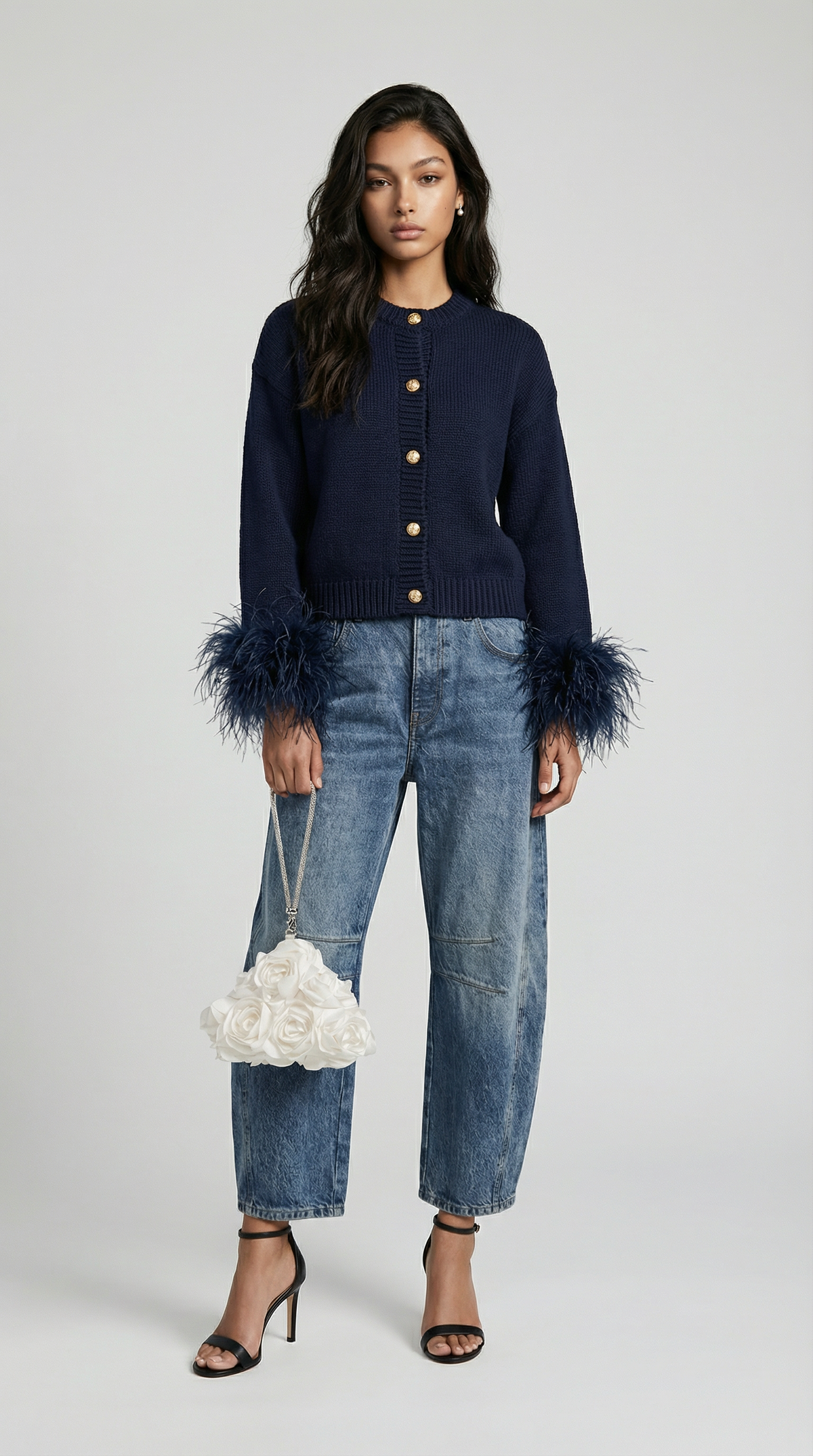 CARDIGAN DE PUNTO CON RIBETE DE PLUMAS AZUL OSCURO