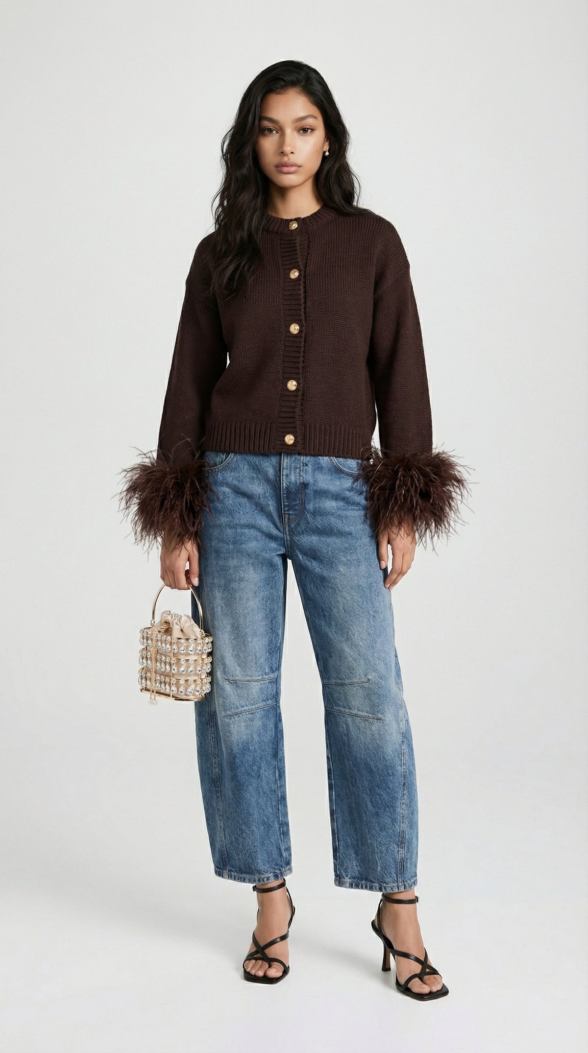 CARDIGAN DE PUNTO CON RIBETE DE PLUMAS MARRON OSCURO