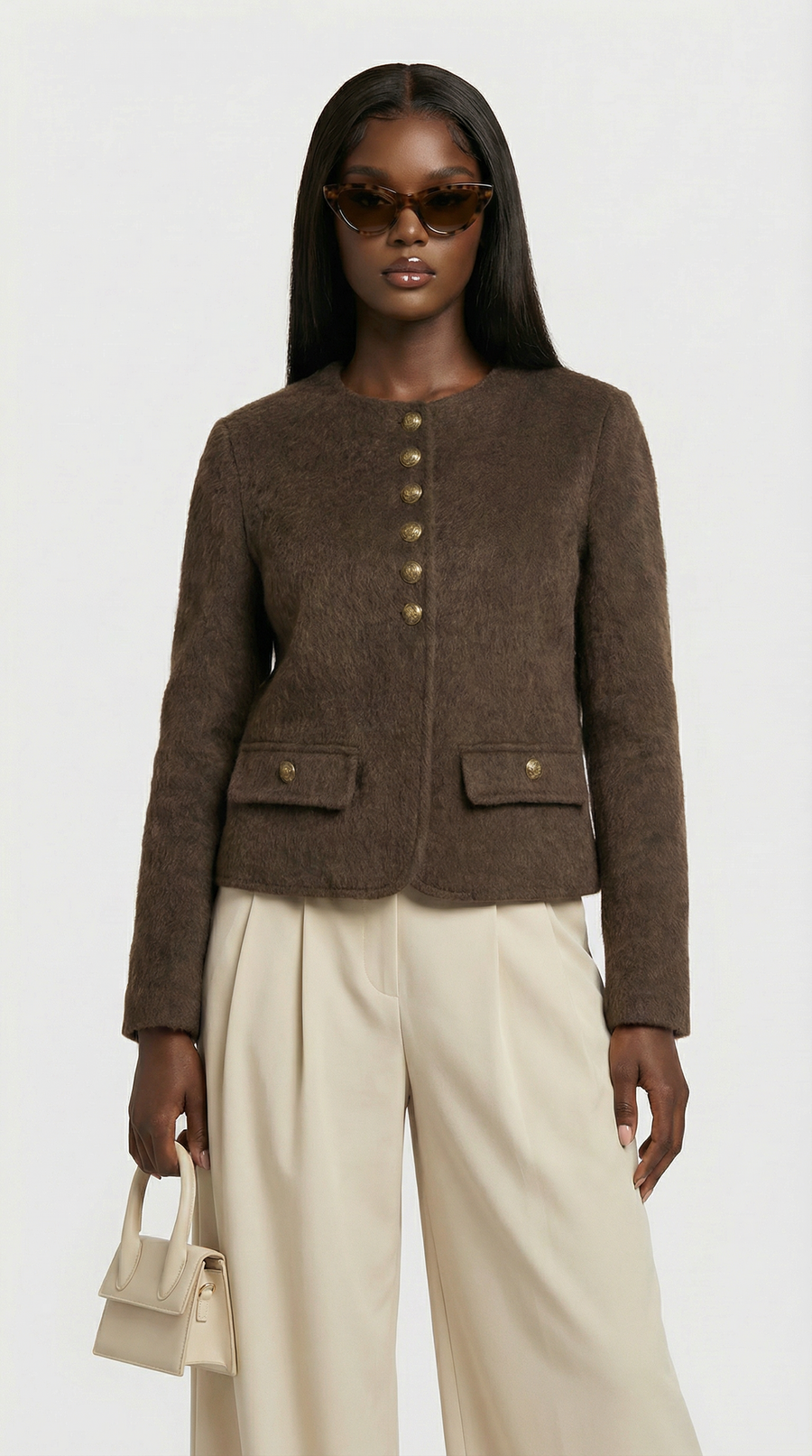 CHAQUETA CORTA DE LANA Y CACHEMIR MARRON
