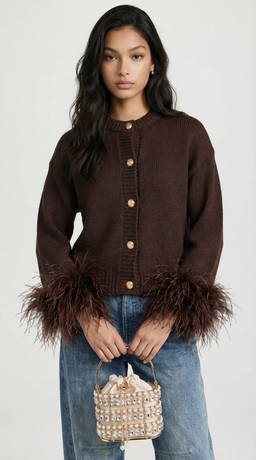 CARDIGAN DE PUNTO CON RIBETE DE PLUMAS MARRON OSCURO