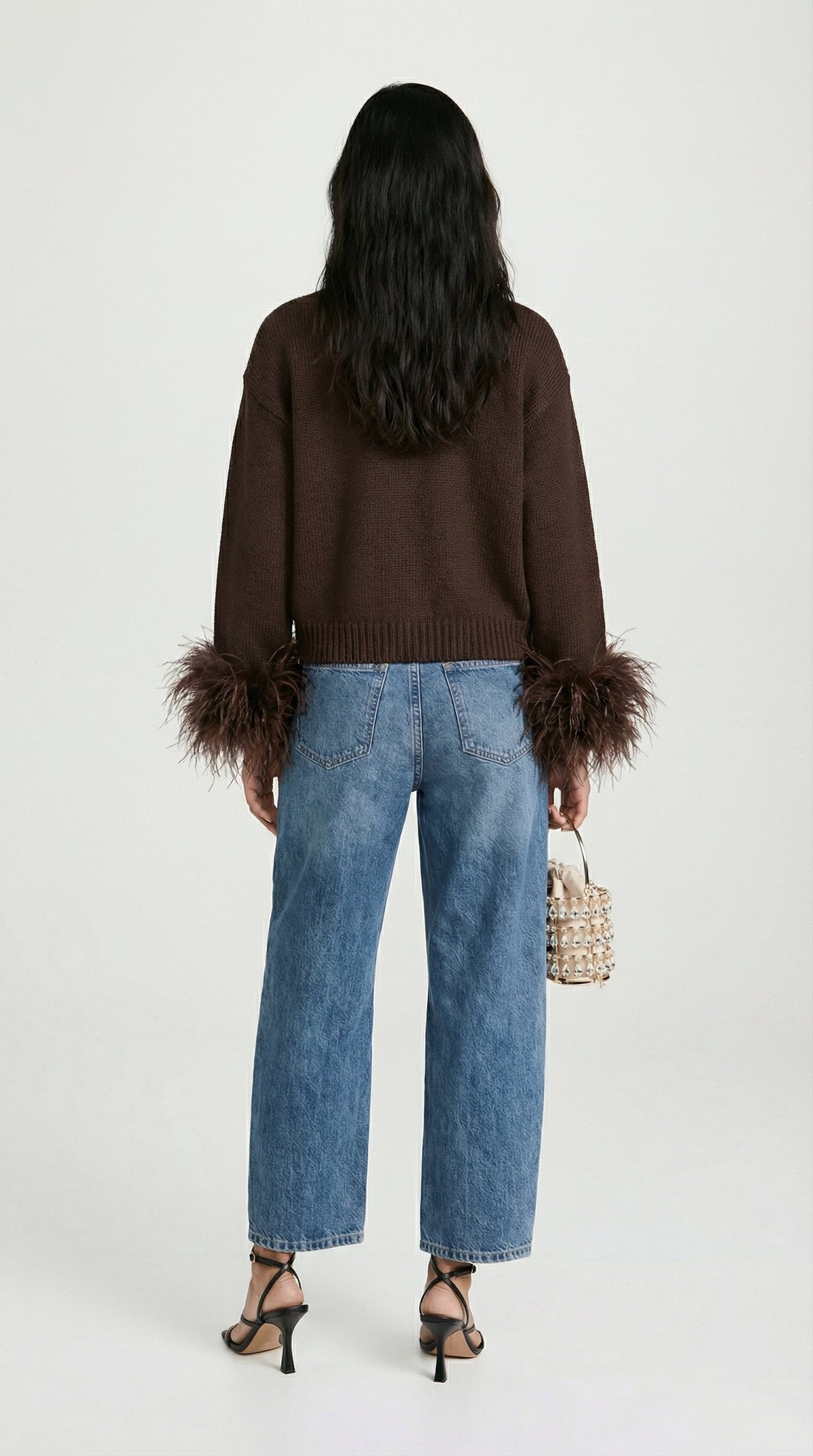 CARDIGAN DE PUNTO CON RIBETE DE PLUMAS MARRON OSCURO