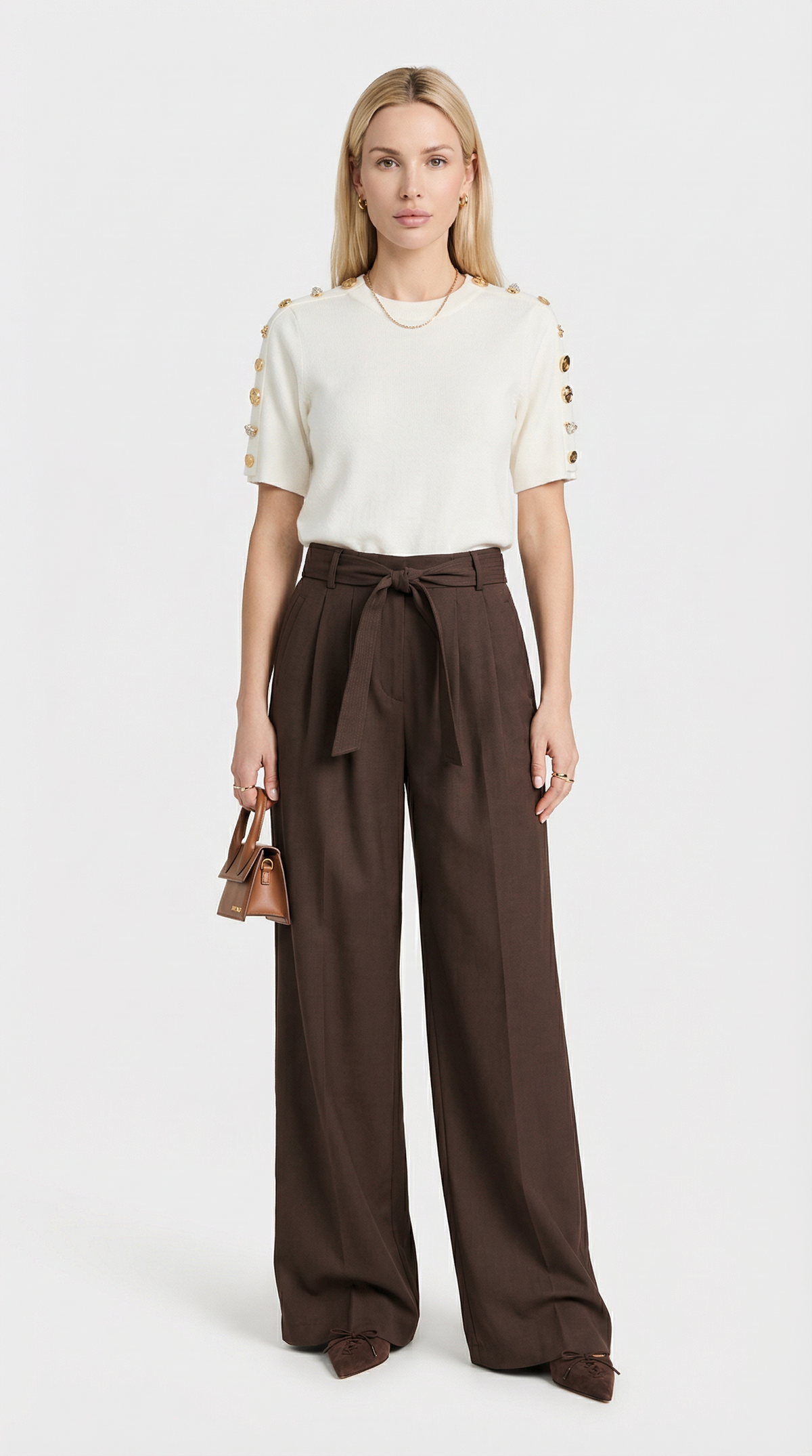PANTALON ANCHO PLISADO CON LAZADA MARRON