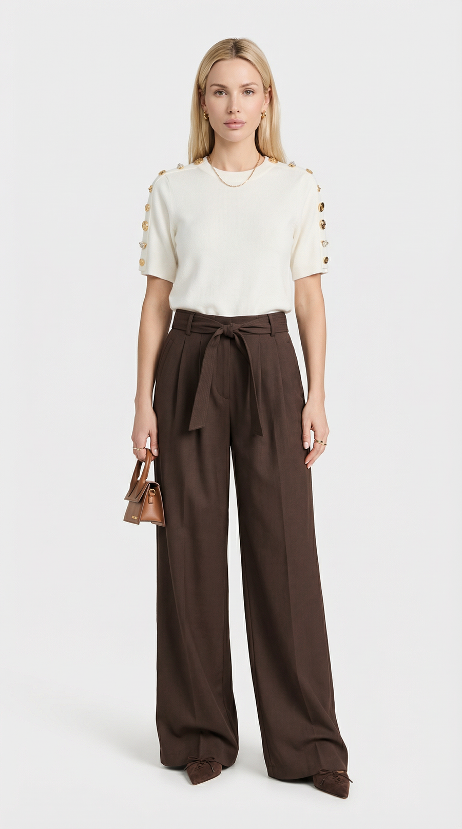 PANTALON ANCHO PLISADO CON LAZADA MARRON
