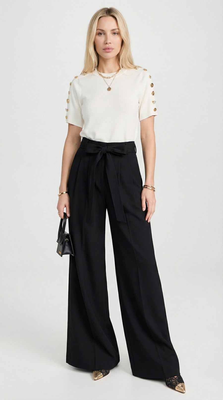 PANTALON ANCHO PLISADO CON LAZADA NEGRO