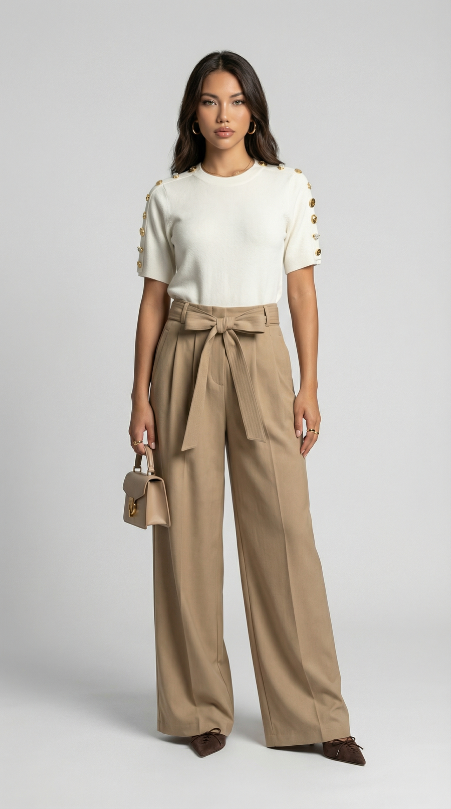 PANTALON ANCHO PLISADO CON LAZADA BEIGE