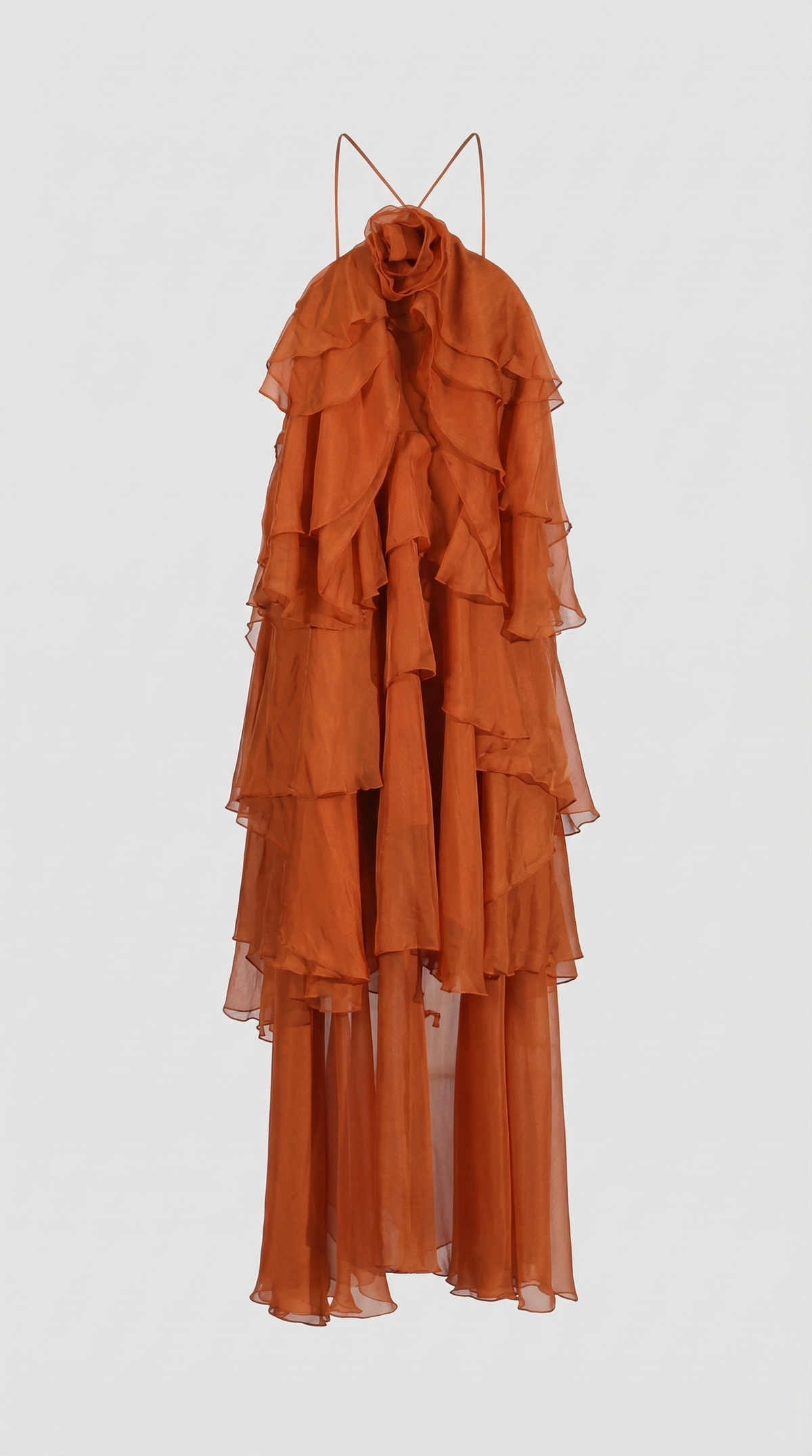 VESTIDO MAXI HALTER DE VOLANTES NARANJA