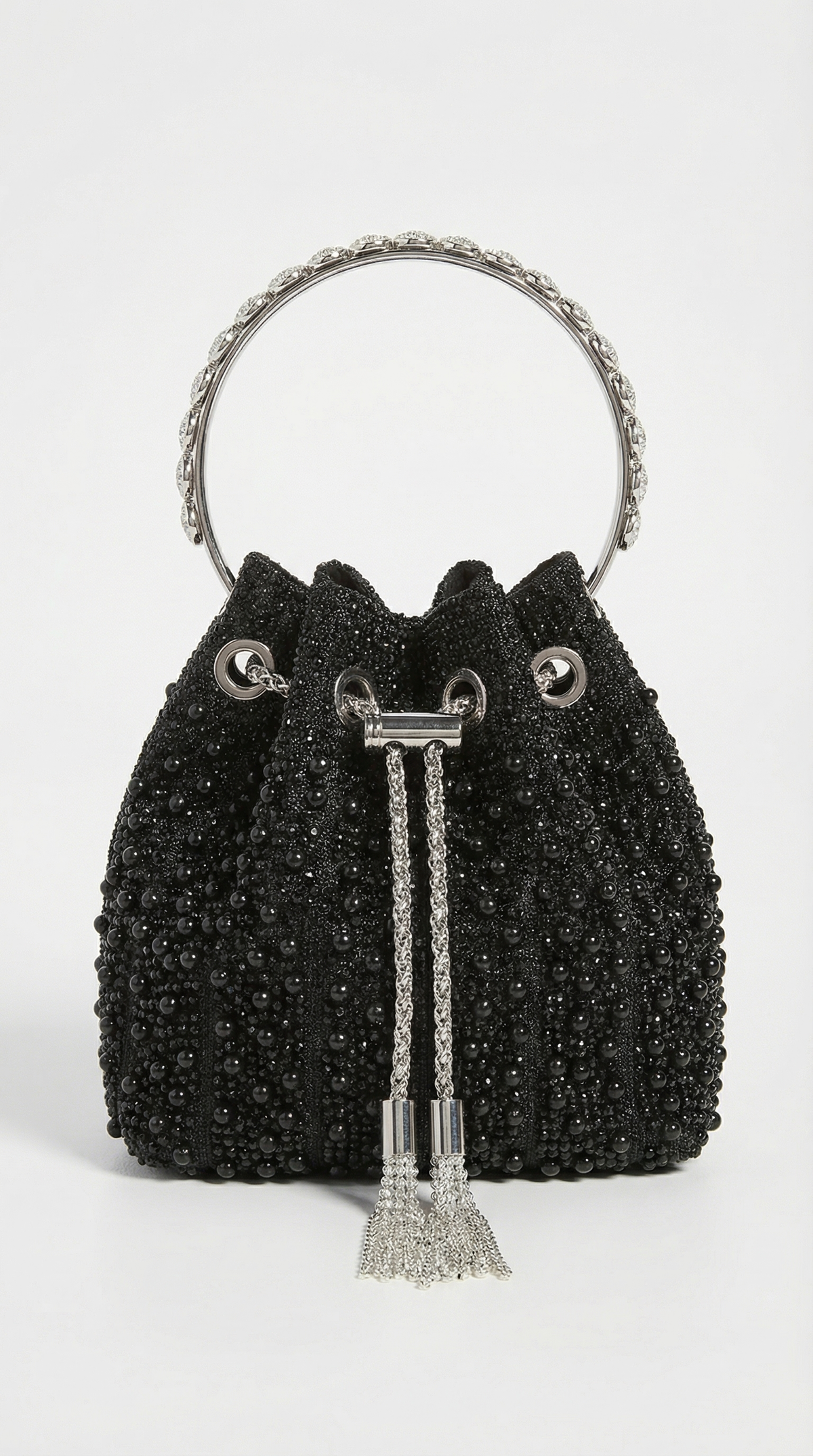 BOLSO BUCKET CON PERLAS Y CRISTALES NEGRO