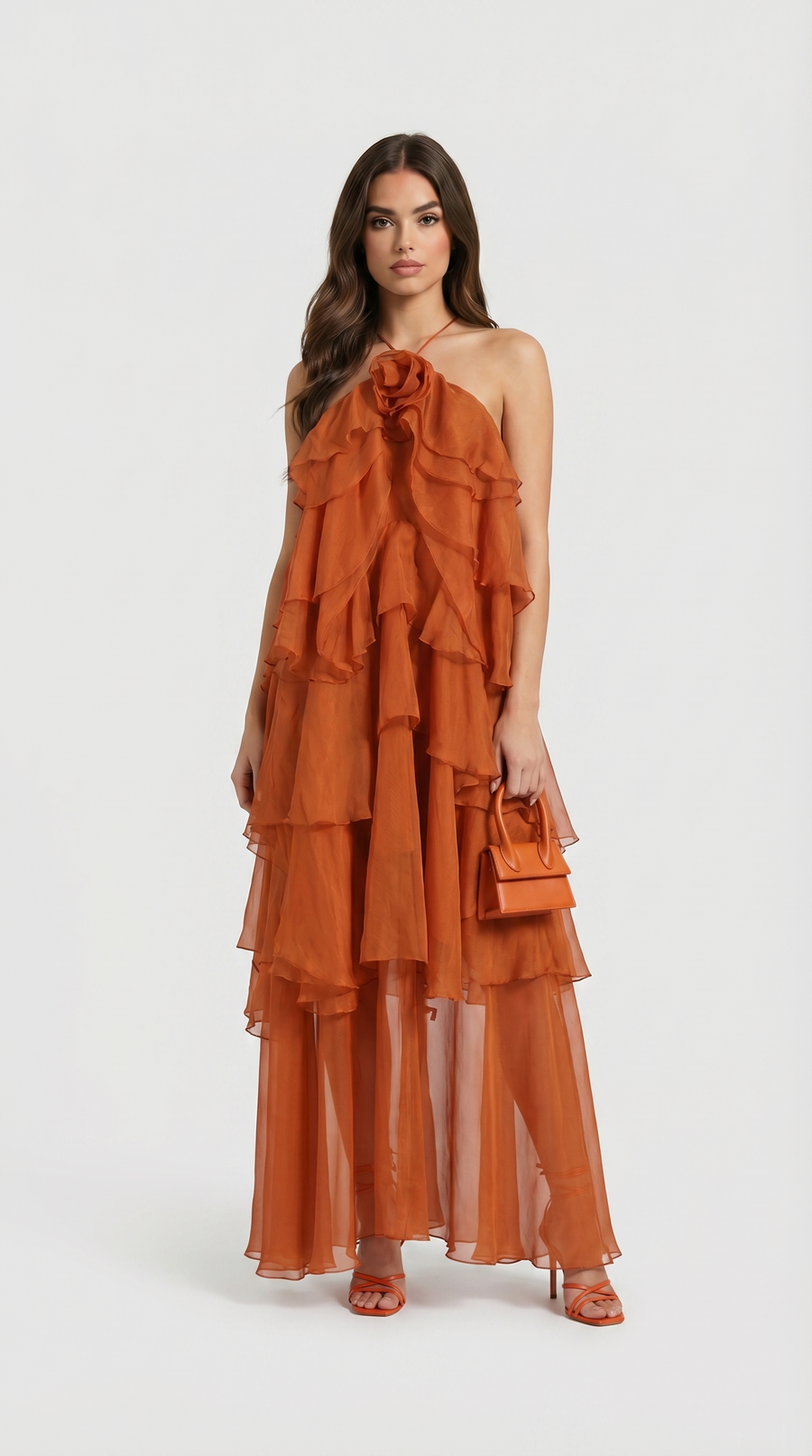 VESTIDO MAXI HALTER DE VOLANTES NARANJA
