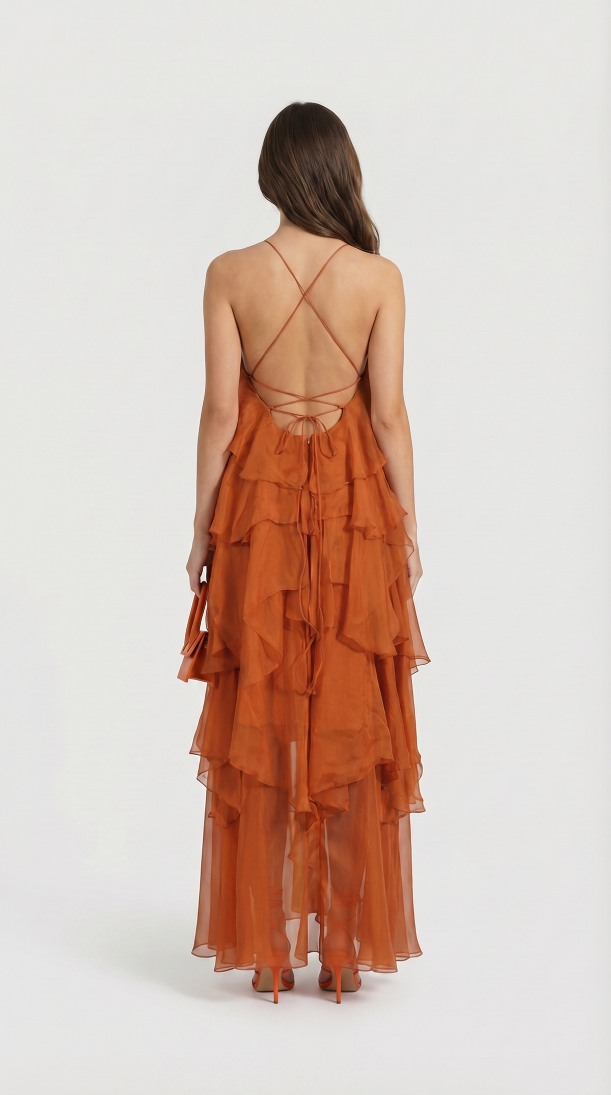 VESTIDO MAXI HALTER DE VOLANTES NARANJA