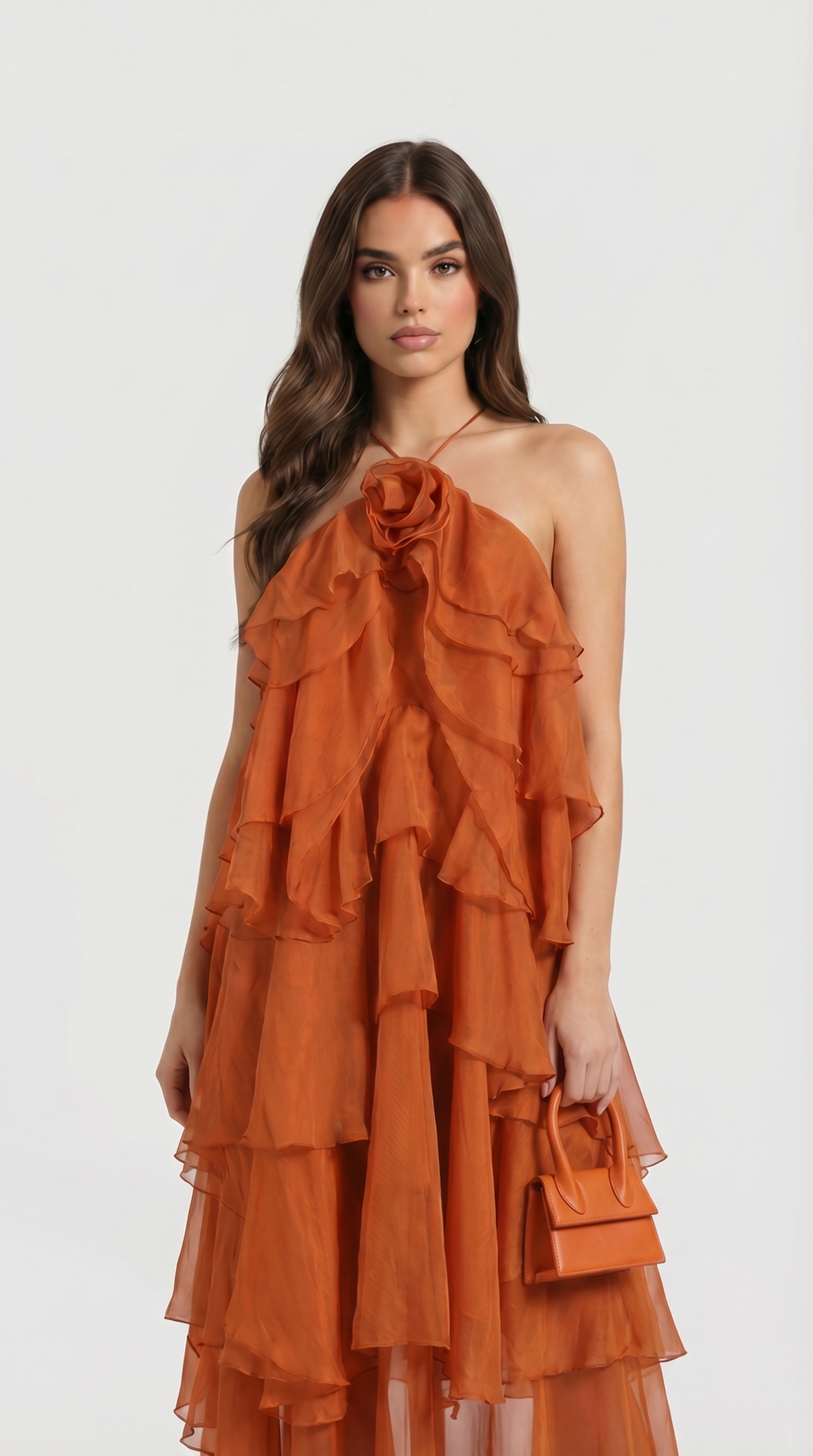 VESTIDO MAXI HALTER DE VOLANTES NARANJA