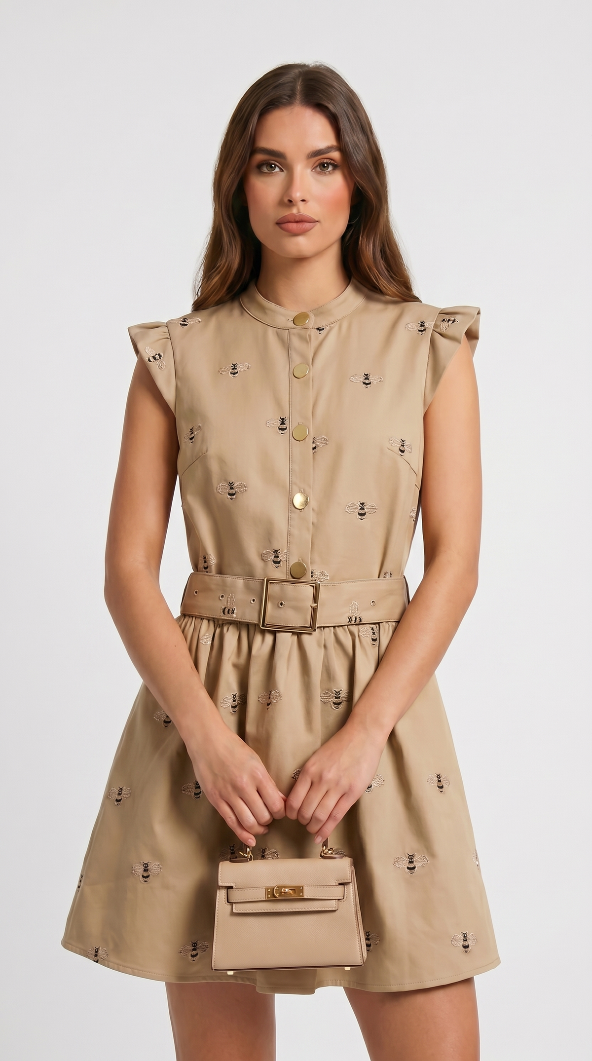 VESTIDO MINI BORDADO CON CINTURON CAQUI