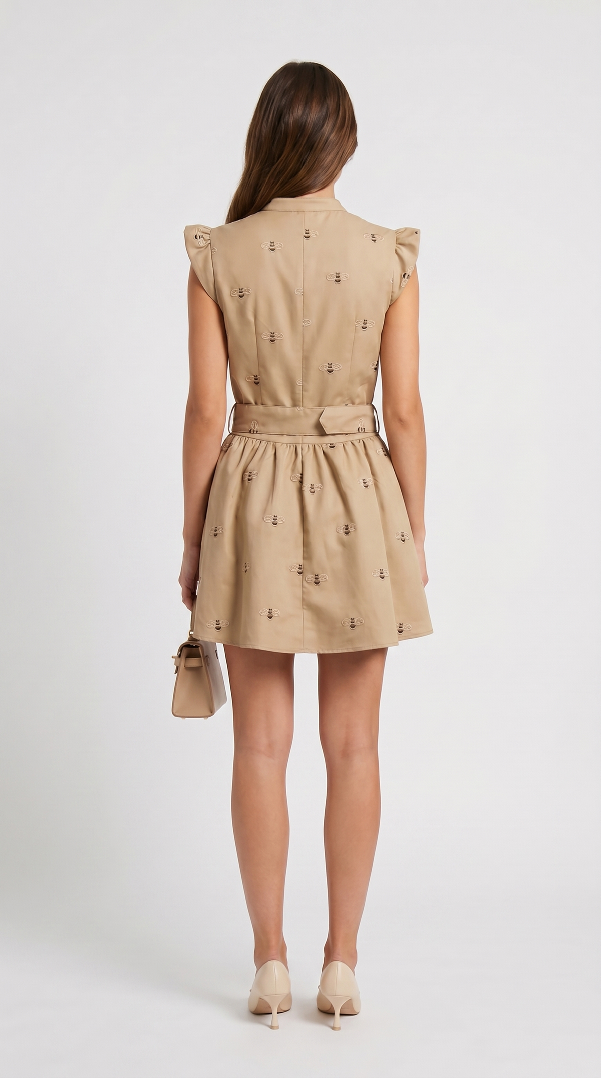 VESTIDO MINI BORDADO CON CINTURON CAQUI