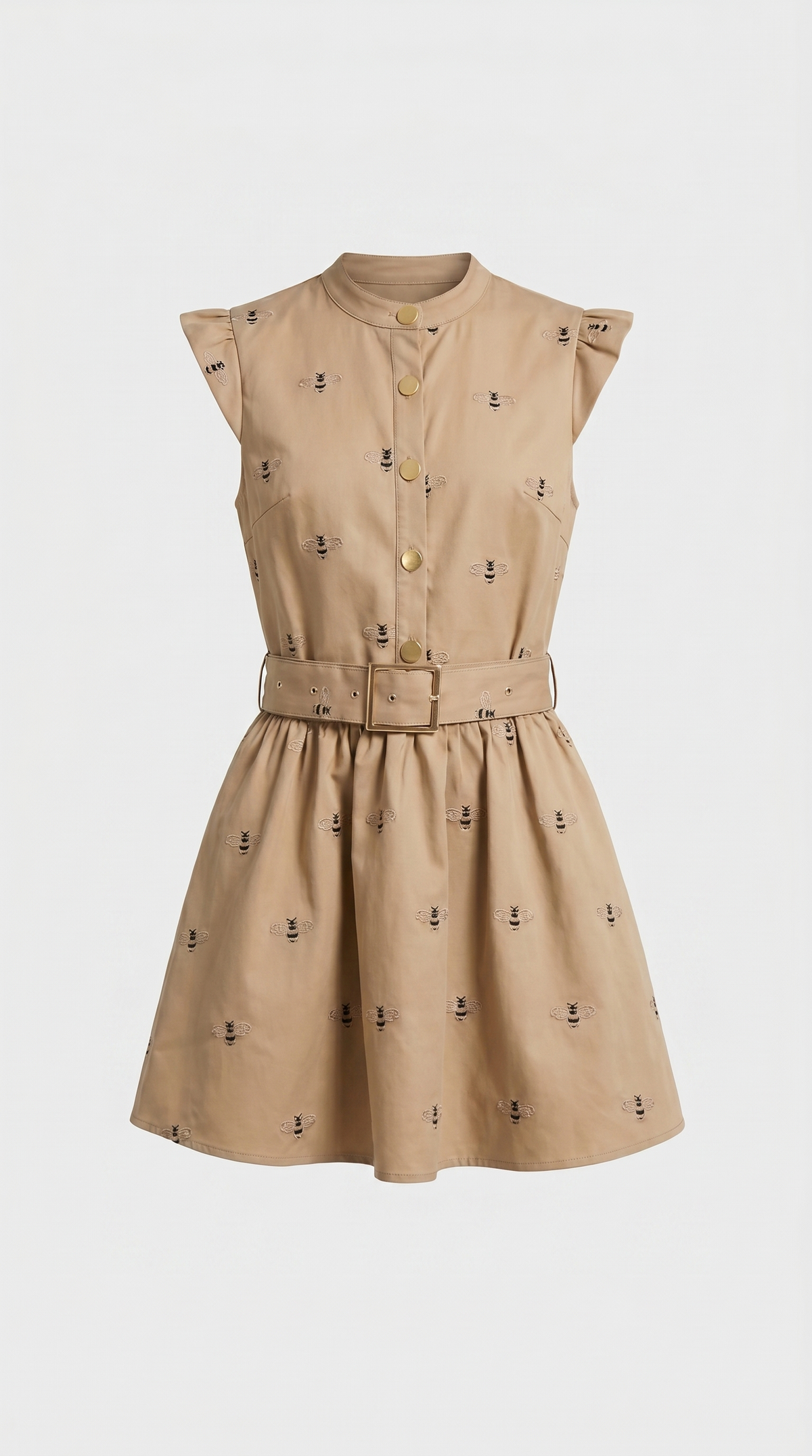 VESTIDO MINI BORDADO CON CINTURON CAQUI